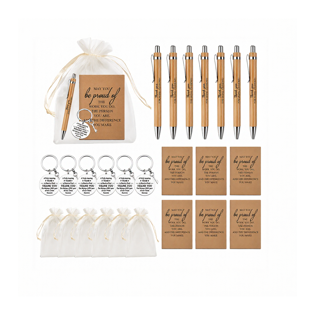 Custom Logo Appreciation Gift Set with Notebook, Bamboo Pen & Keychain – Personalized Thank You Gifts for Employees and Clients