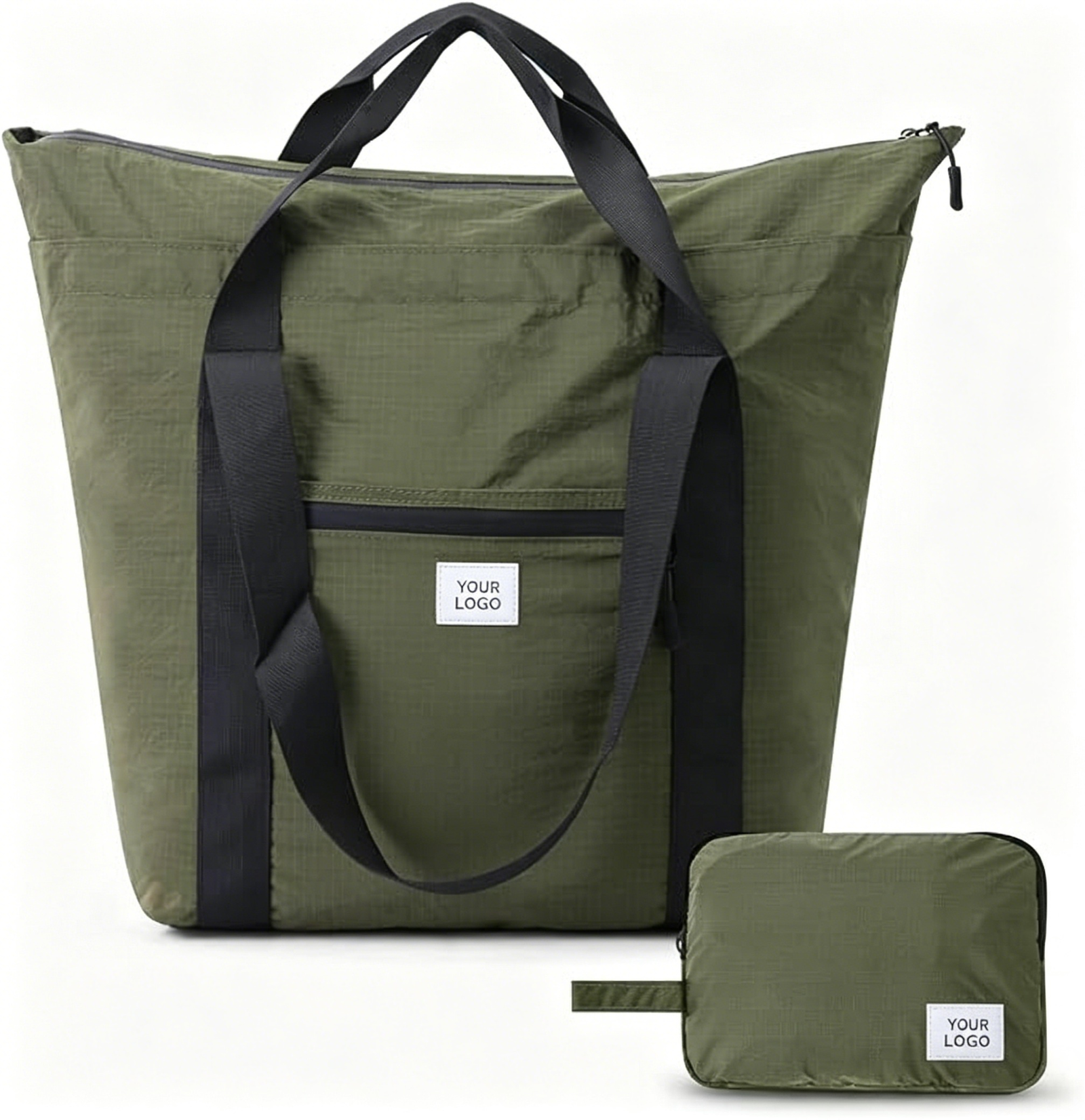 Custom Logo Packable Foldable Tote Bag, Self-Stowing Into Small Pouch Lightweight Nylon Travel Carry Bag