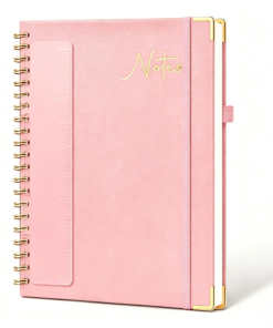 Spiral Notebook with Removable Ruler Bookmark, Hardcover PU Leather College Ruled Journal,  Large Writing Notebook with Elastic Band & Metal Corner Protectors for Office School Note Taking,A5